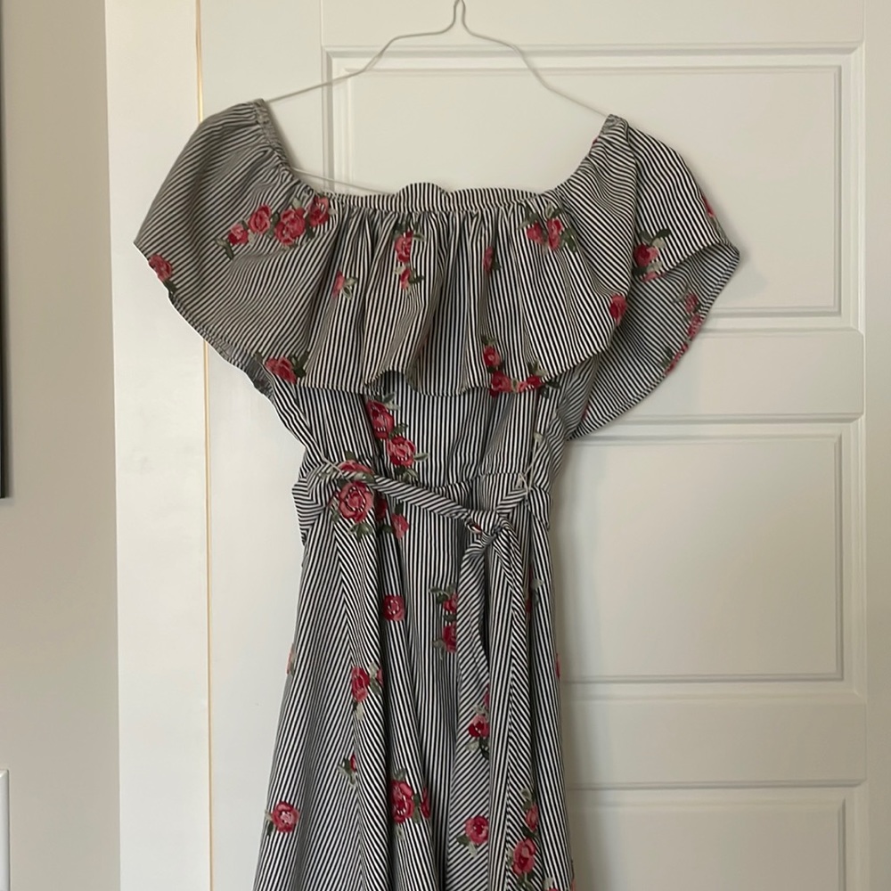 Floral Embroidered Striped Midi Dress